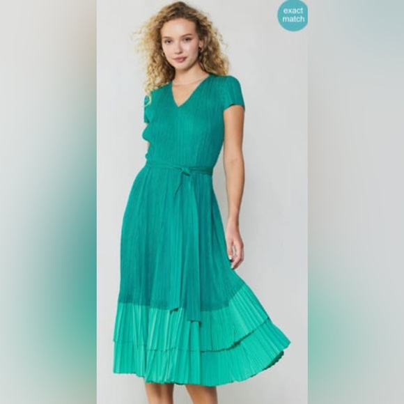 Anthropologie Current Air Short Sleeve Plissé Tonal Flounced Midi Dress ZB6 - Picture 5 of 8